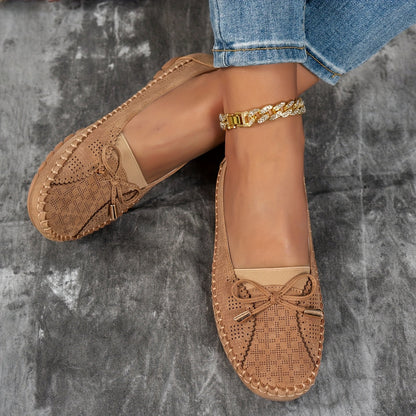 Women's Soft Comfort Bow Loafers in Beige – back view | Hensley London