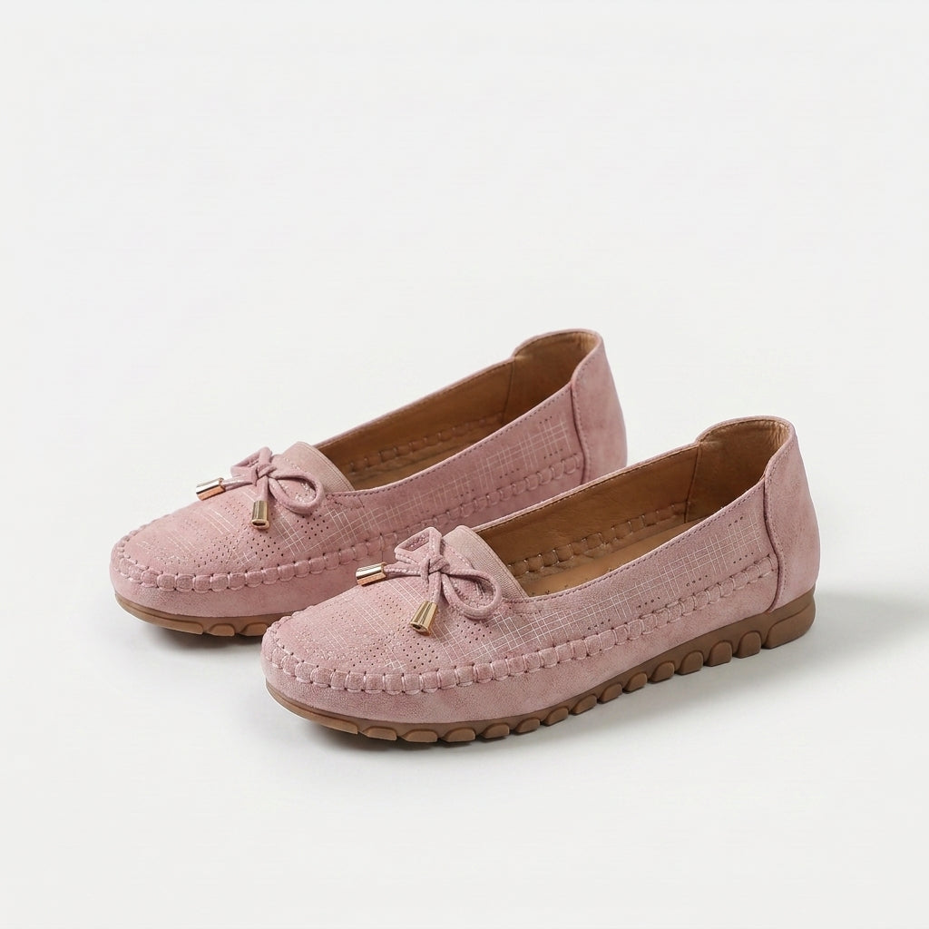 Women's Soft Comfort Bow Loafers in Brown – top view | Hensley London
