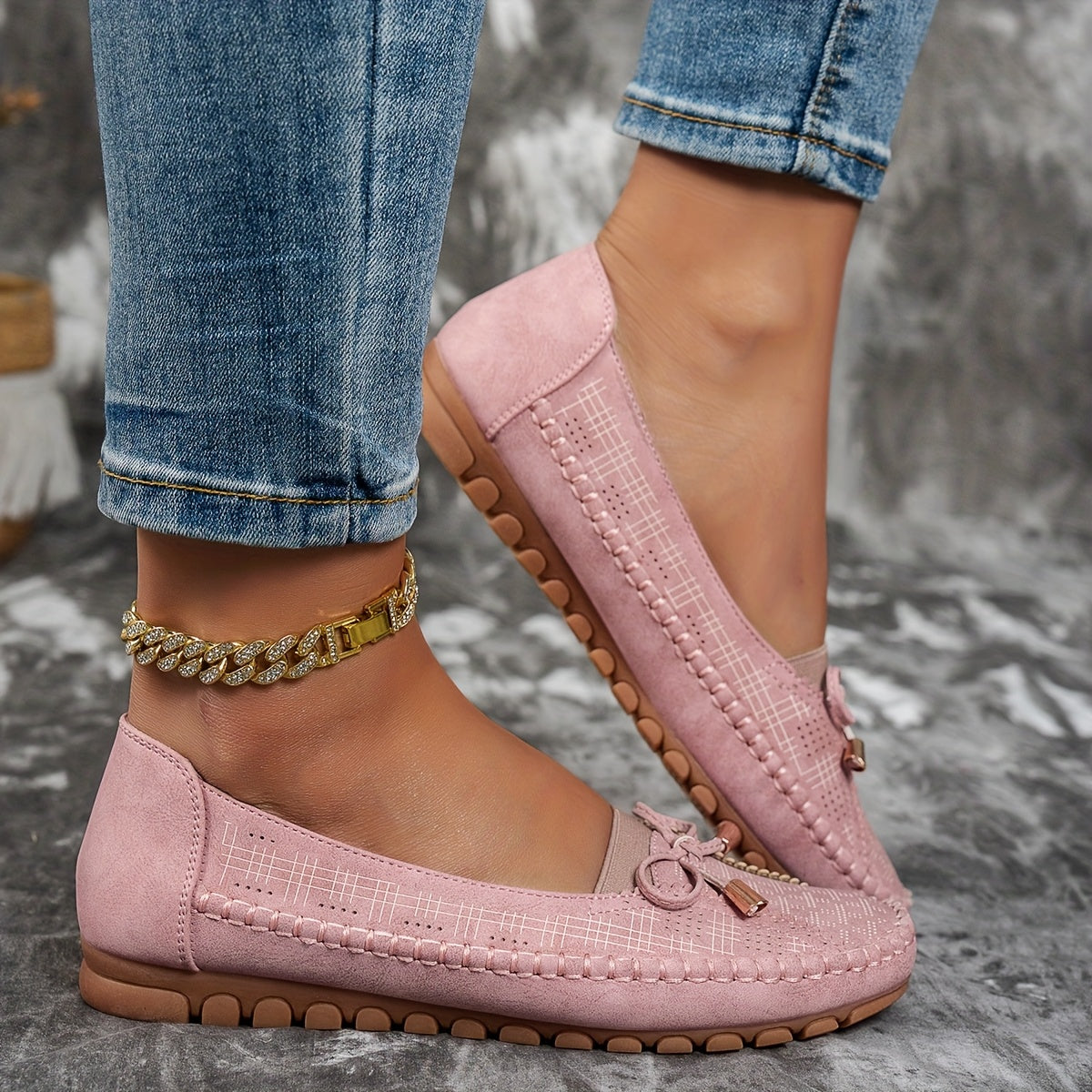 Women's Soft Comfort Bow Loafers in Pink – detail view | Hensley London