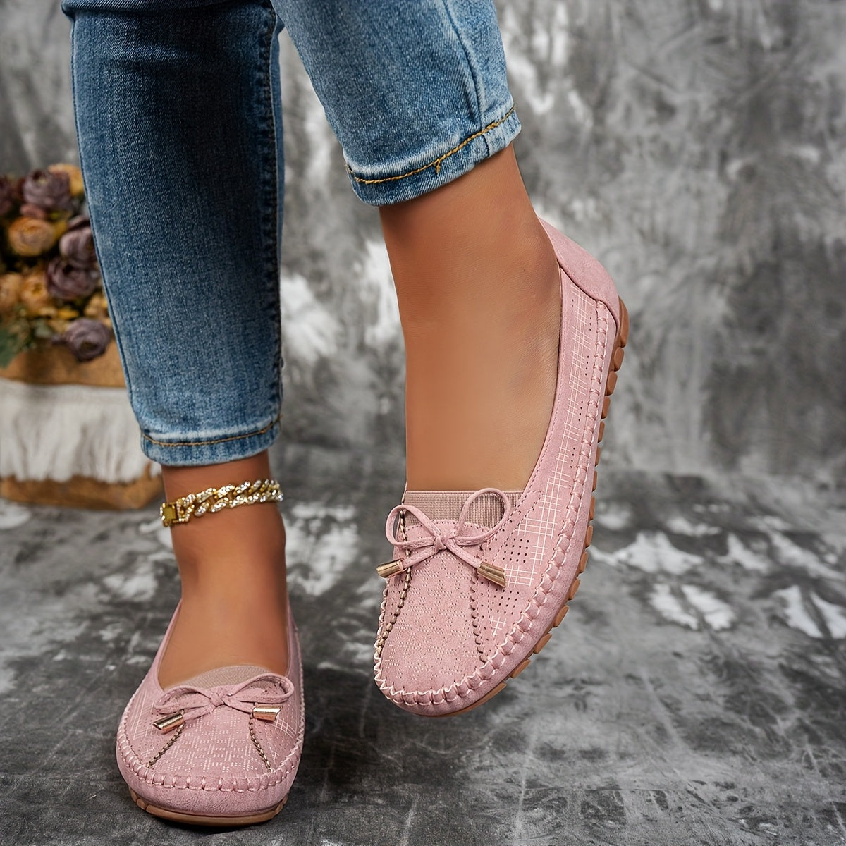 Women's Soft Comfort Bow Loafers in Grey – sole view | Hensley London