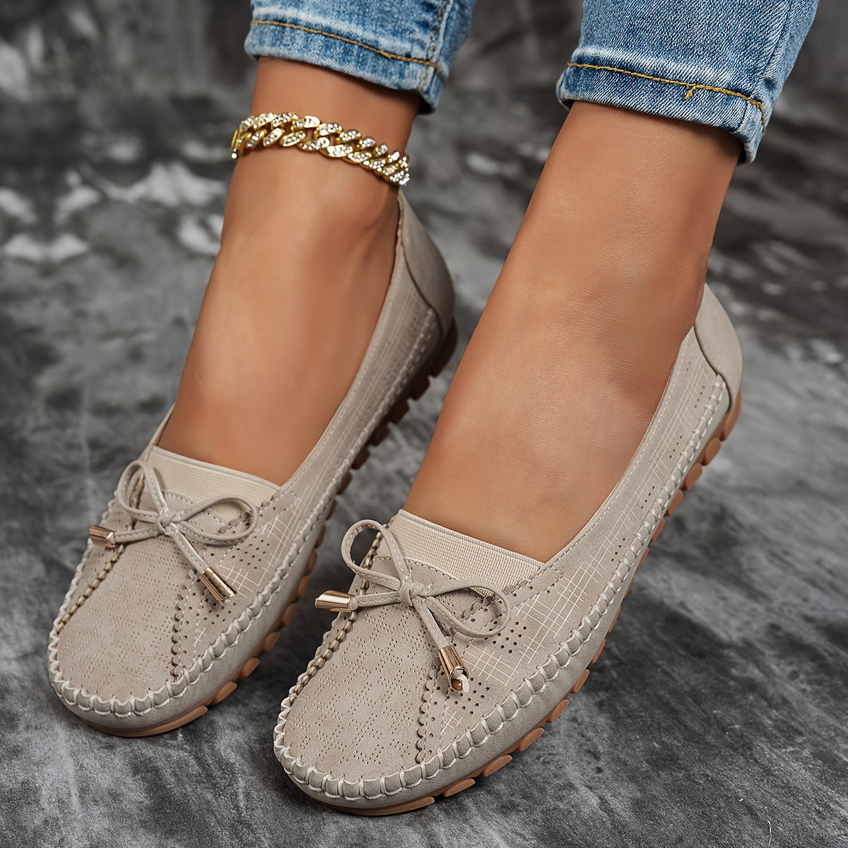 Women's Soft Comfort Bow Loafers in Brown – close-up view | Hensley London