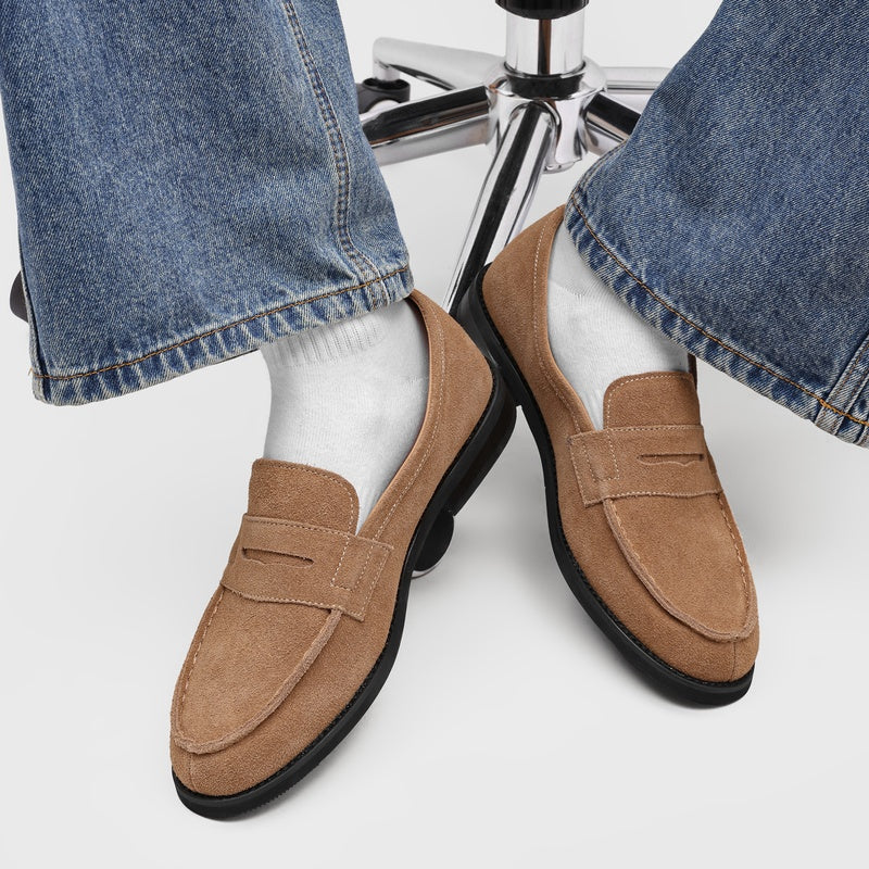 Men's Suede Penny Loafers with Stitched Moc Toe in Apricot - additional view 19 | Hensley London