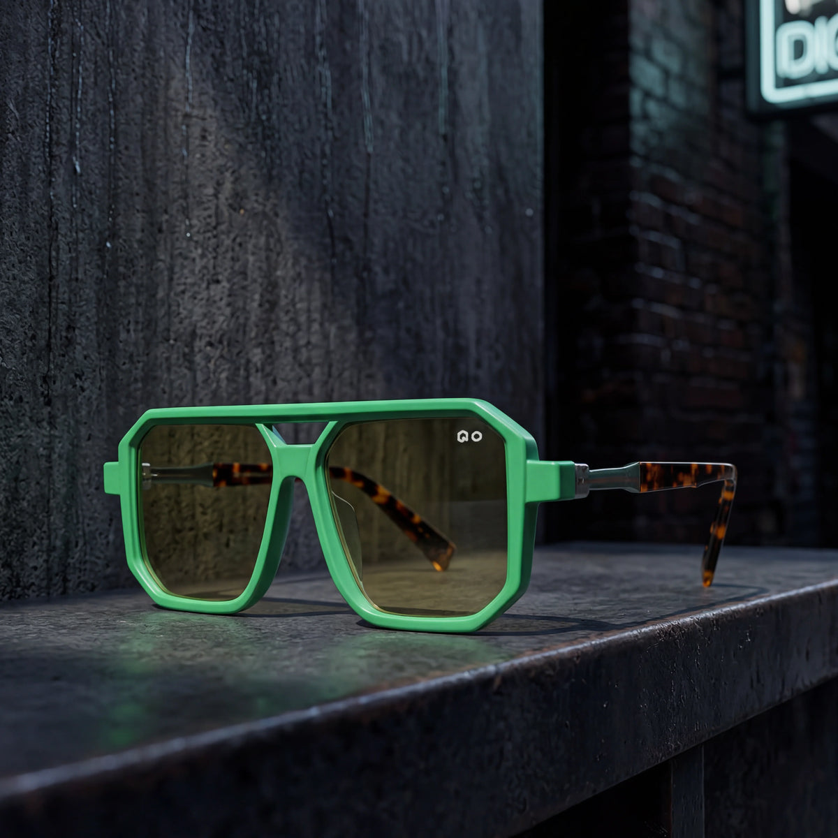 Oversized Geometric Sunglasses in Green – product view | Hensley London
