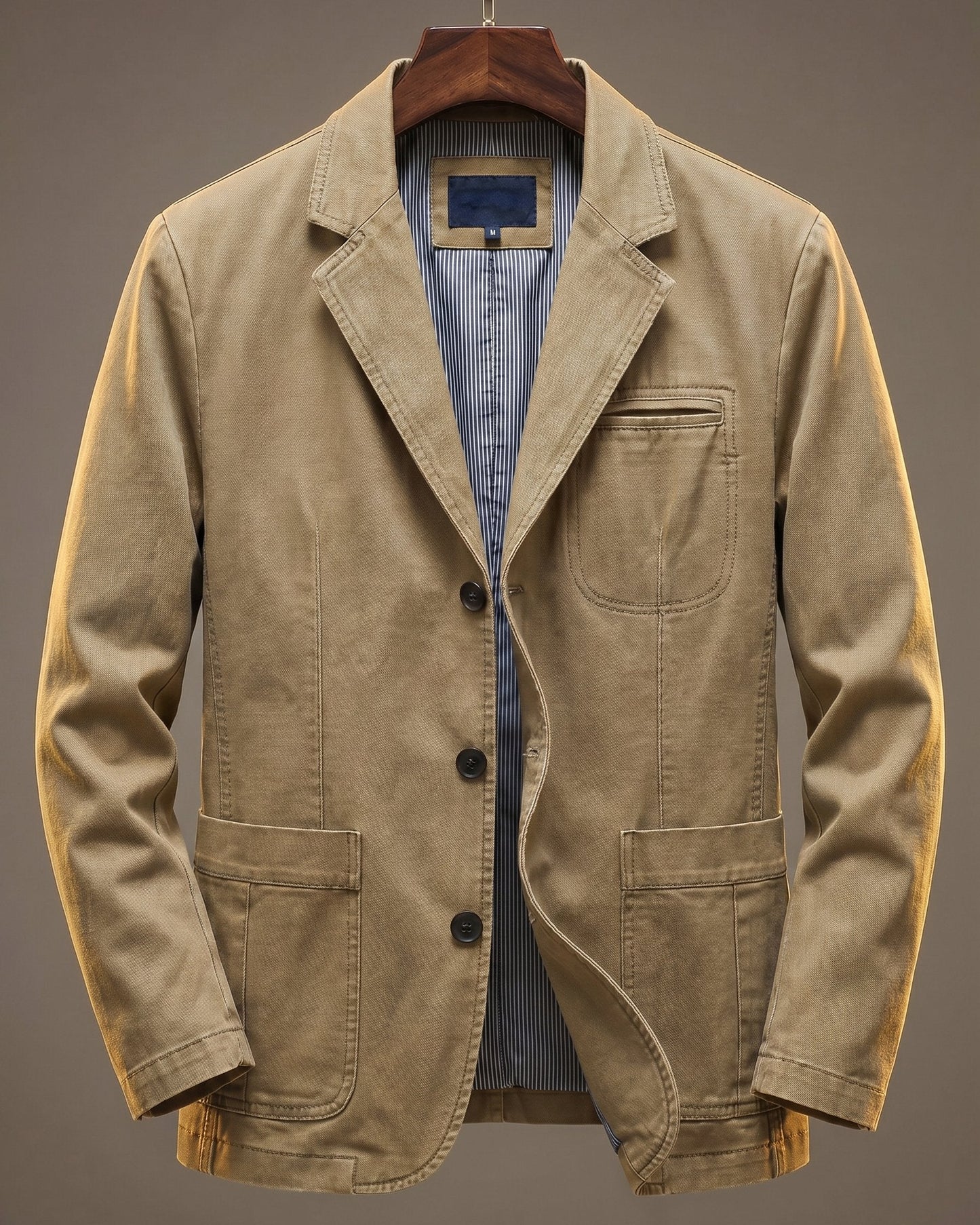 Men's Cotton Denim Blazer in Khaki – front view | Hensley London