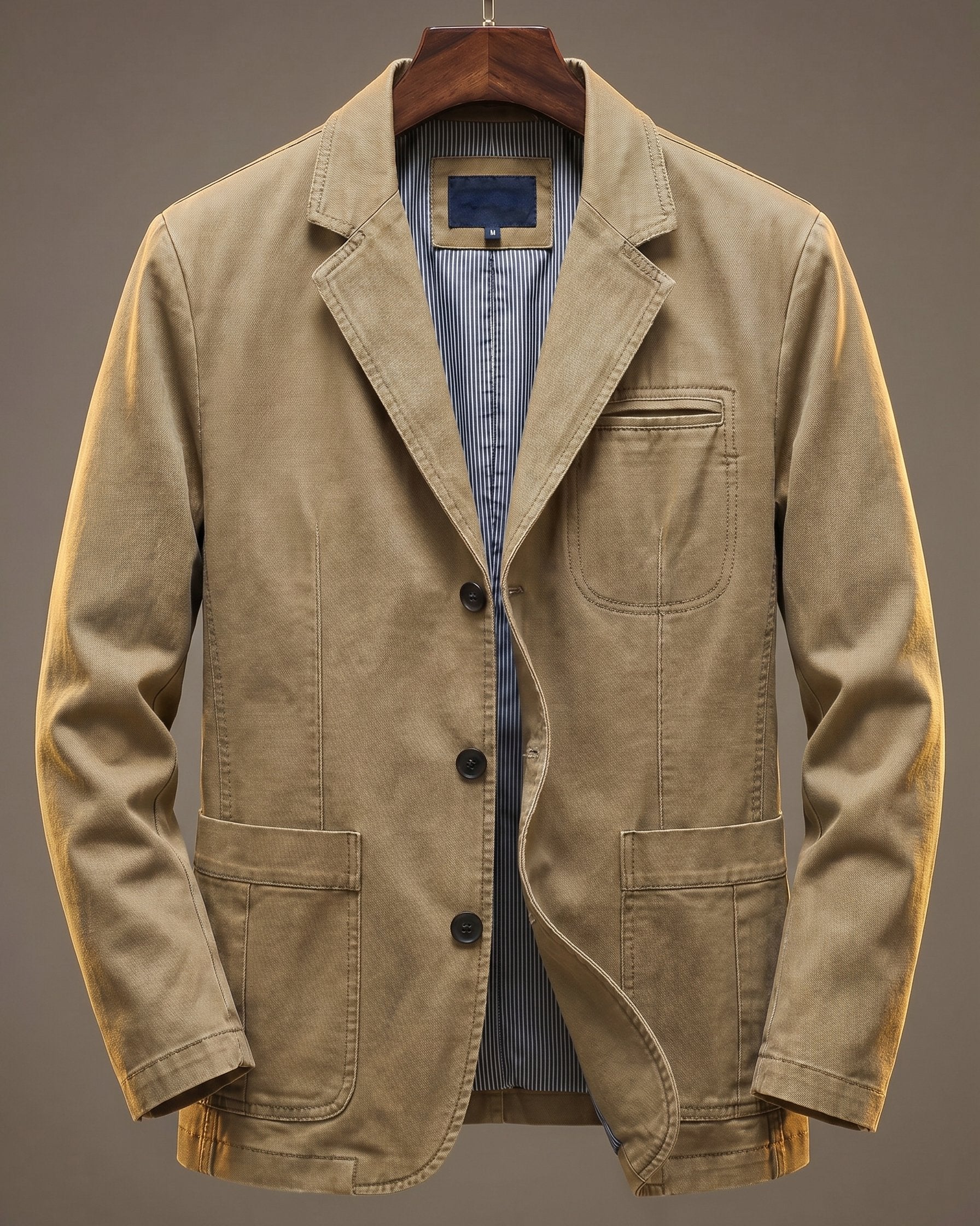 Men's Cotton Denim Blazer in Khaki – front view | Hensley London