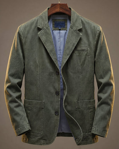 Men's Cotton Denim Blazer in Army Green – front view | Hensley London