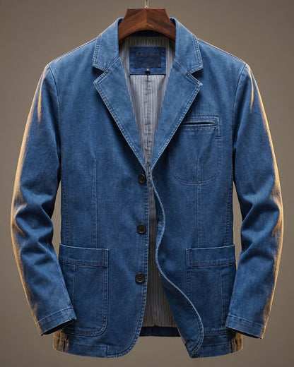 Men's Cotton Denim Blazer in Light Denim – front view | Hensley London