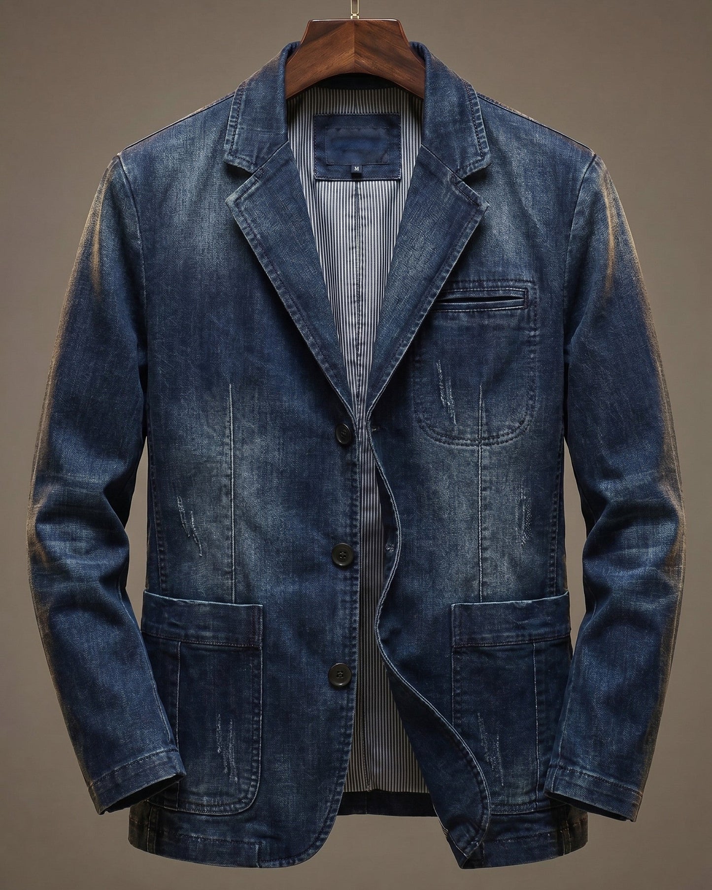 Men's Cotton Denim Blazer in Dark Denim – front view | Hensley London
