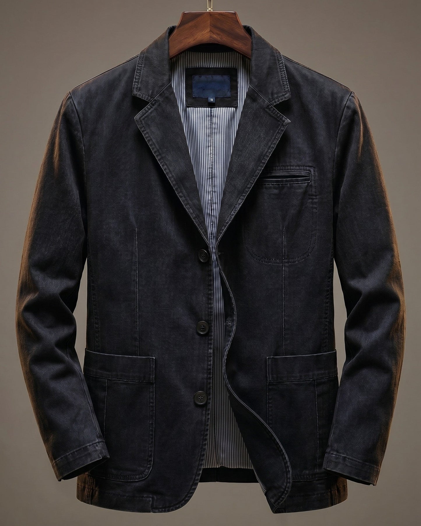 Men's Cotton Denim Blazer in Black – front view | Hensley London