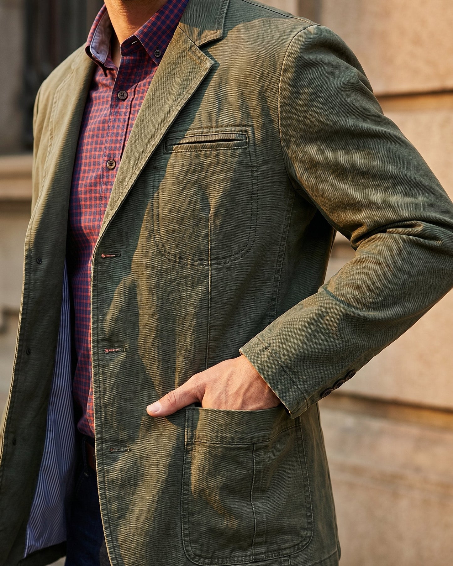 Men's Cotton Denim Blazer – back view | Hensley London