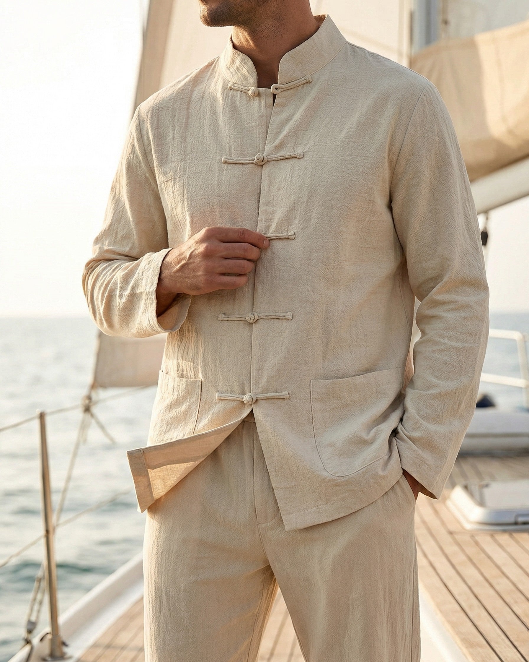 Men's Lightweight Linen Shirt and Trouser Set - studio view | Hensley London