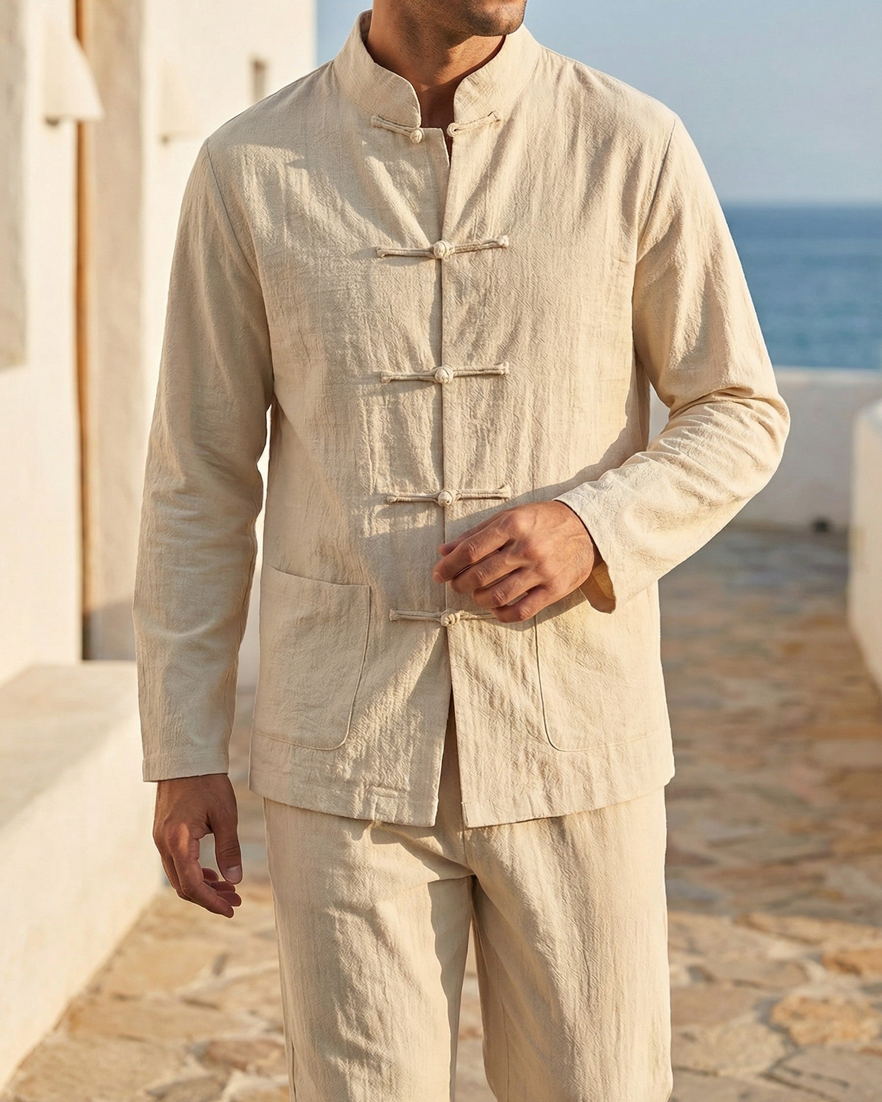Men's Lightweight Linen Shirt and Trouser Set - close-up view | Hensley London
