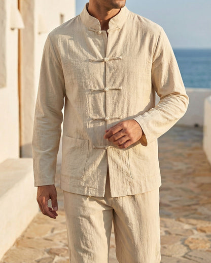 Men's Lightweight Linen Shirt and Trouser Set - close-up view | Hensley London