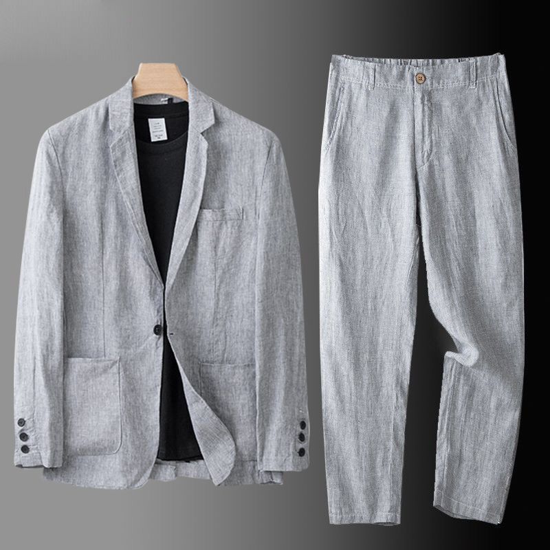 Men's Linen Blend Suit Set in Gray – front view | Hensley London