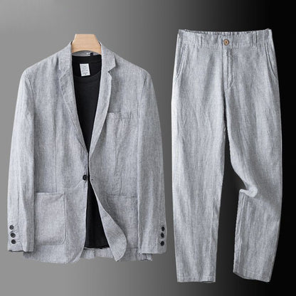 Men's Linen Blend Suit Set in Gray – front view | Hensley London