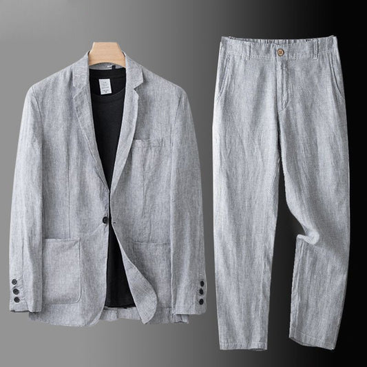 Men's Linen Blend Suit Set in Gray – front view | Hensley London