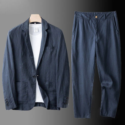Men's Linen Blend Suit Set in Blue – front view | Hensley London