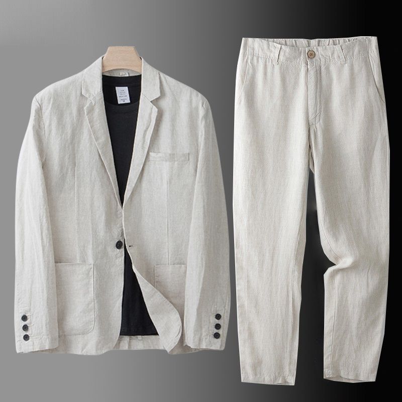 Men's Linen Blend Suit Set in Beige – front view | Hensley London