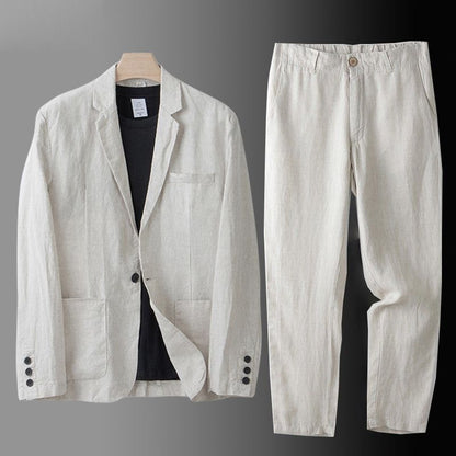 Men's Linen Blend Suit Set in Beige – front view | Hensley London