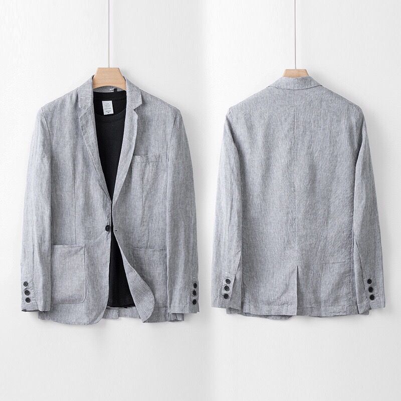 Men's Linen Blend Suit Set in Gray – blazer detail | Hensley London
