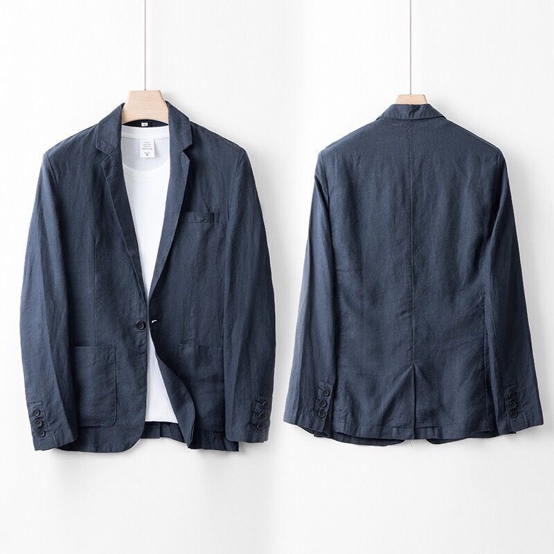 Men's Linen Blend Suit Set in Blue – fabric close-up | Hensley London