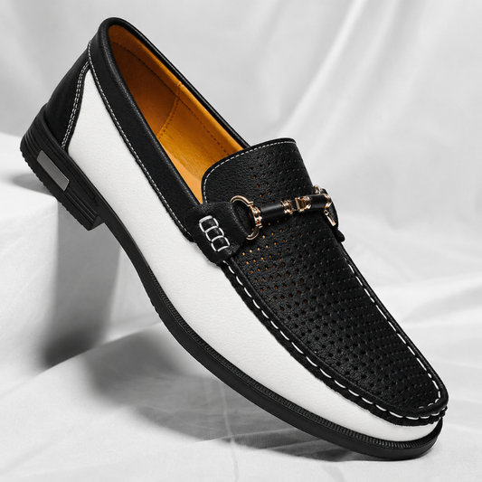Men's Italian Leather Metal Accent Loafers in Black – front view | Hensley London
