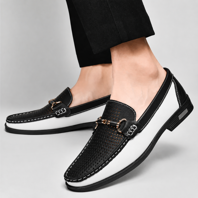 Men's Italian Leather Metal Accent Loafers in Gray – front view | Hensley London