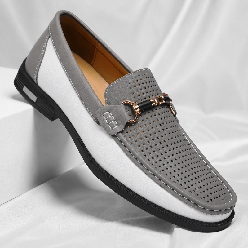 Men's Italian Leather Metal Accent Loafers in Brown – front view | Hensley London