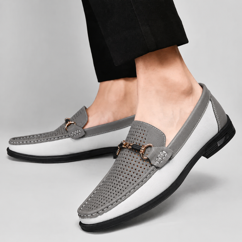 Men's Italian Leather Metal Accent Loafers in Blue – front view | Hensley London