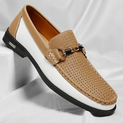 Men's Italian Leather Metal Accent Loafers in Green – front view | Hensley London