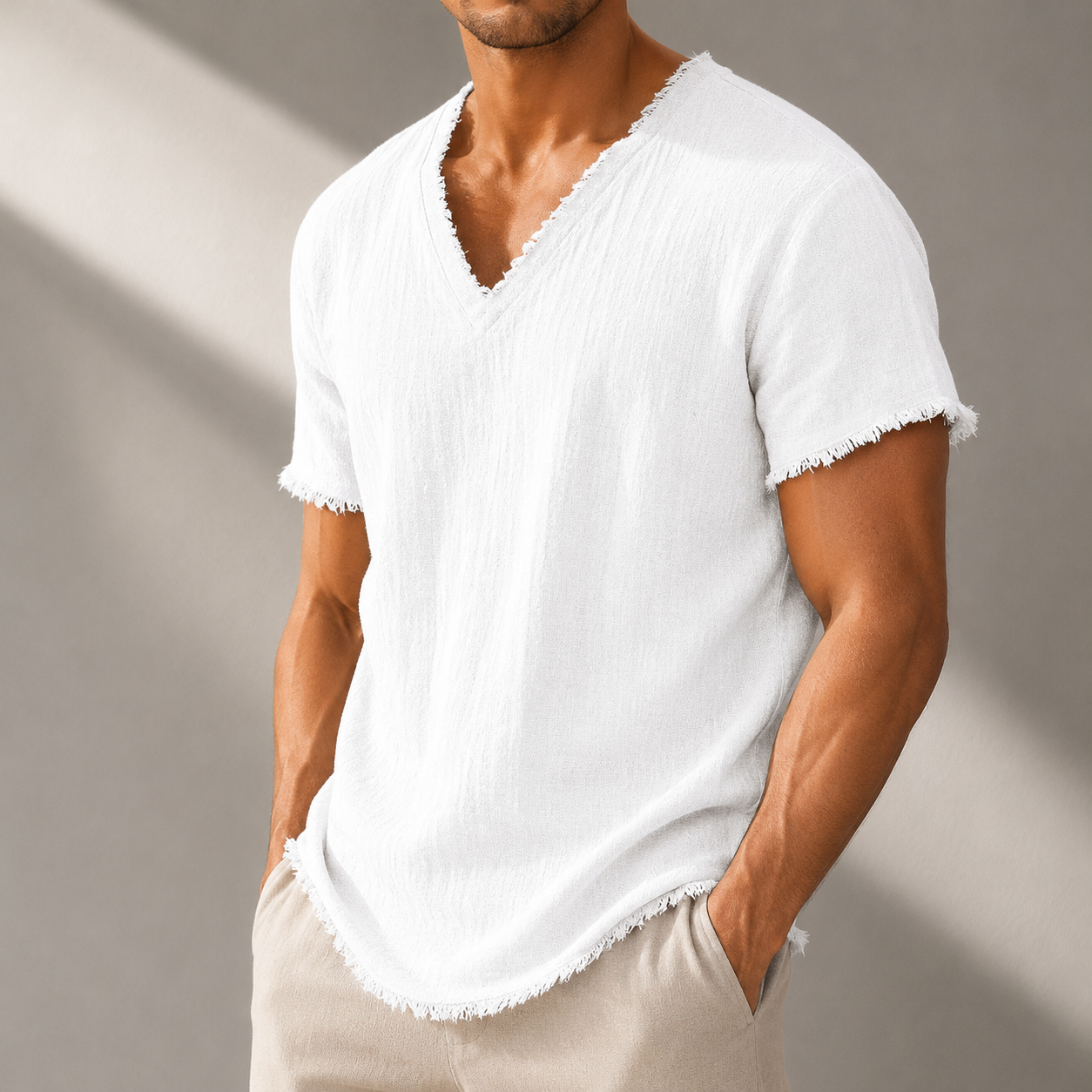 Men's Pure Linen Frayed V-Neck T-Shirt in White – front view | Hensley London