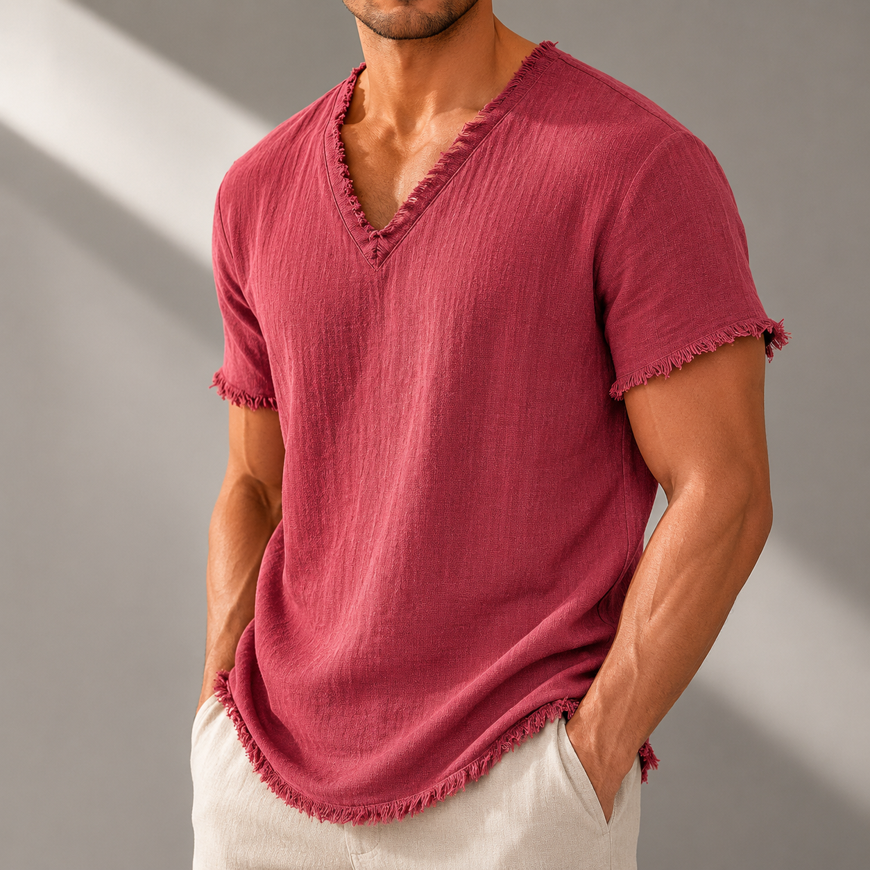 Men's Pure Linen Frayed V-Neck T-Shirt in Blue – front view | Hensley London