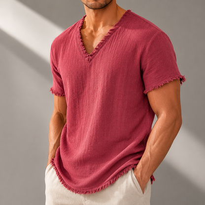 Men's Pure Linen Frayed V-Neck T-Shirt in Blue – front view | Hensley London
