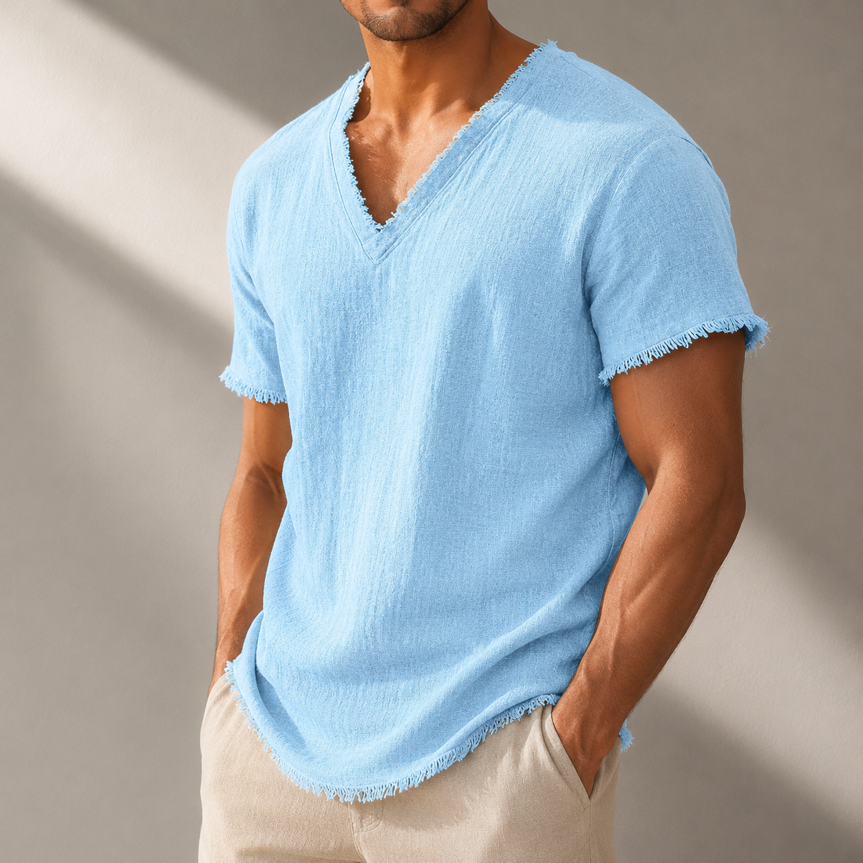 Men's Pure Linen Frayed V-Neck T-Shirt in Green – front view | Hensley London