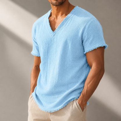 Men's Pure Linen Frayed V-Neck T-Shirt in Green – front view | Hensley London
