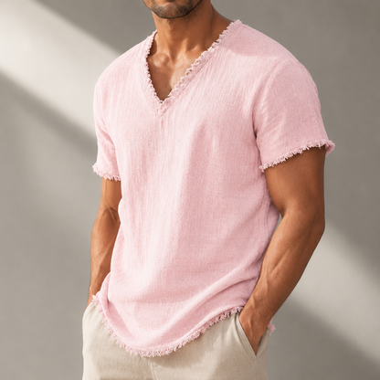 Men's Pure Linen Frayed V-Neck T-Shirt in Pink – front view | Hensley London