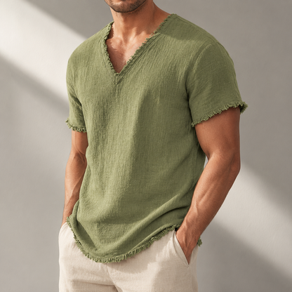 Men's Pure Linen Frayed V-Neck T-Shirt in Red – front view | Hensley London