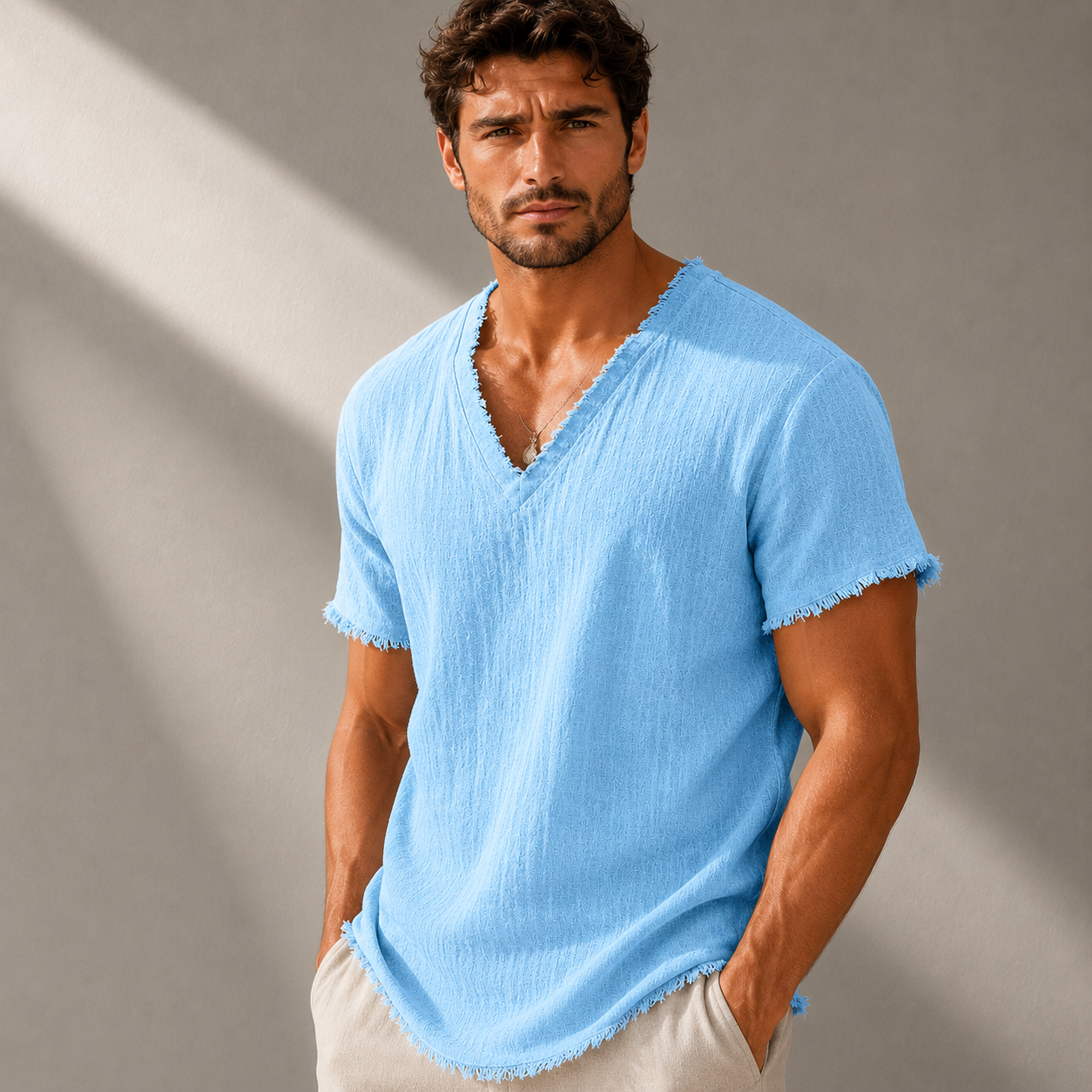 Men's Pure Linen Frayed V-Neck T-Shirt – detail view | Hensley London