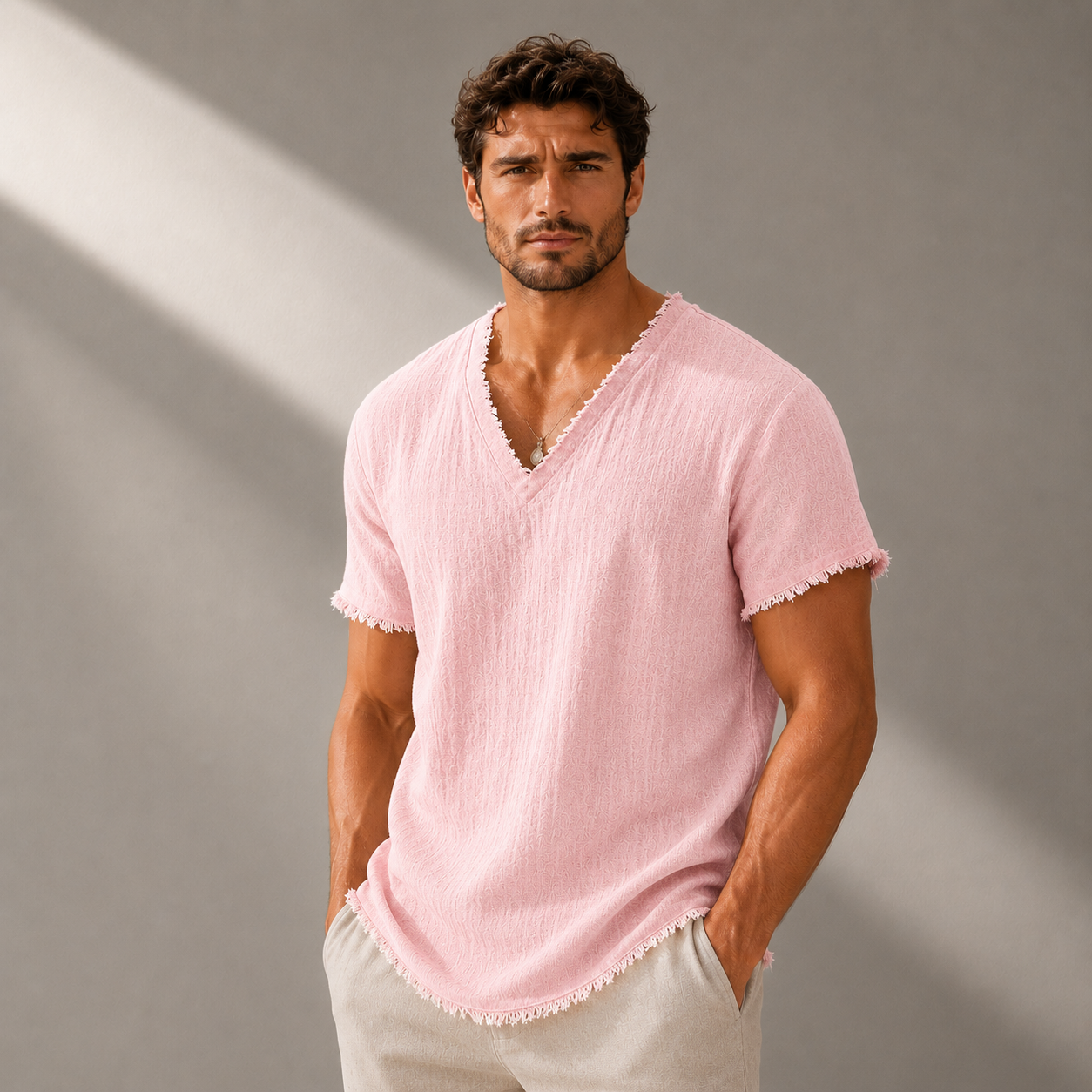 Men's Pure Linen Frayed V-Neck T-Shirt – detail view | Hensley London