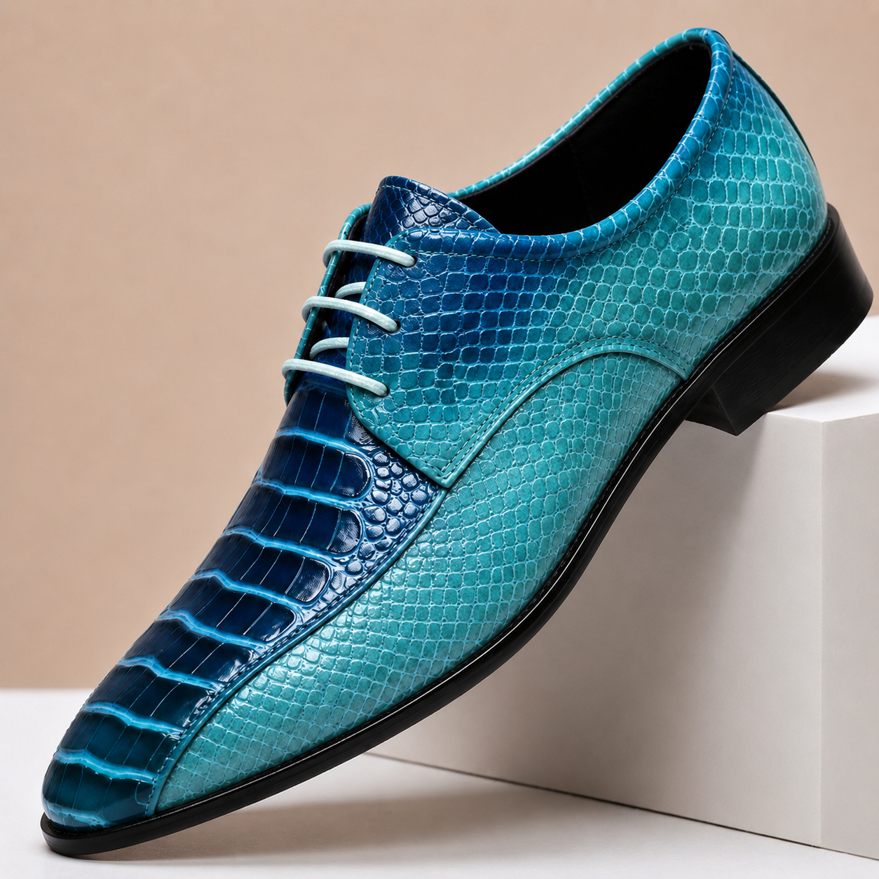 Men's Genuine Leather Textured Dress Shoes in Blue – front view | Hensley London