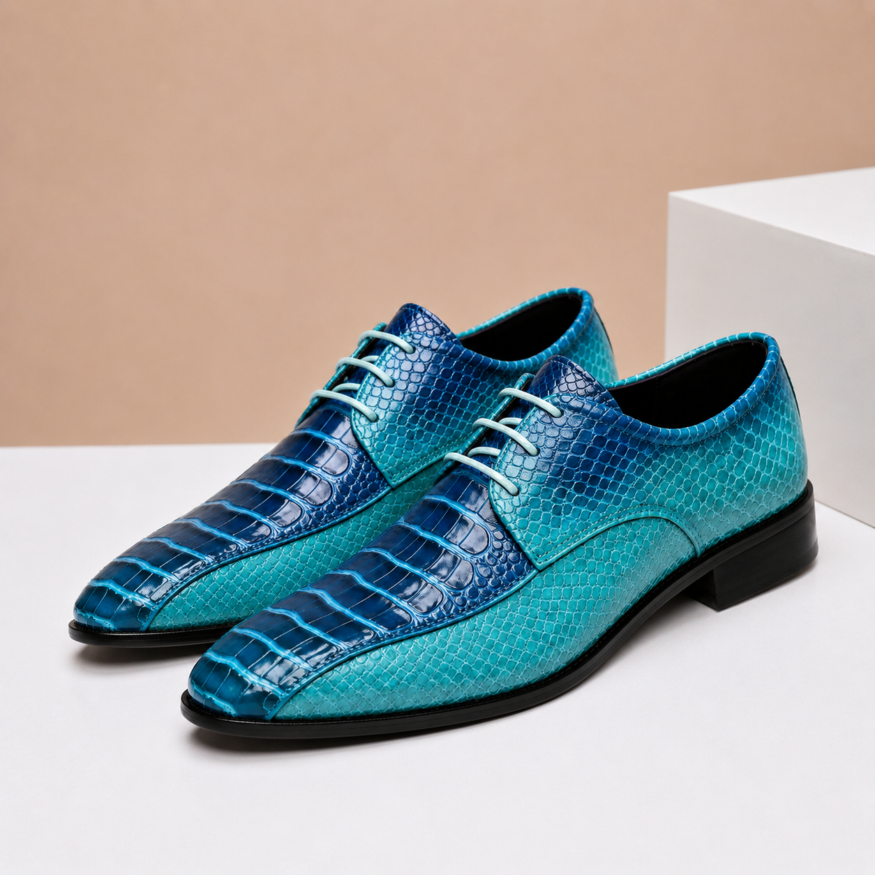 Men's Genuine Leather Textured Dress Shoes in Blue – side view | Hensley London