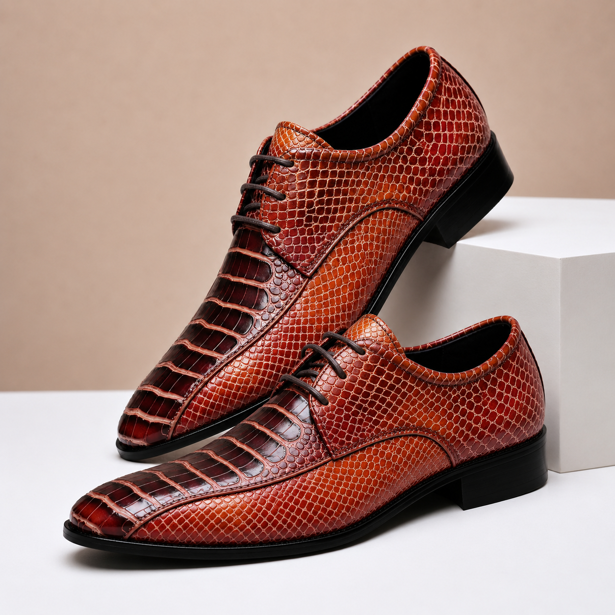 Men's Genuine Leather Textured Dress Shoes in Brown – side view | Hensley London
