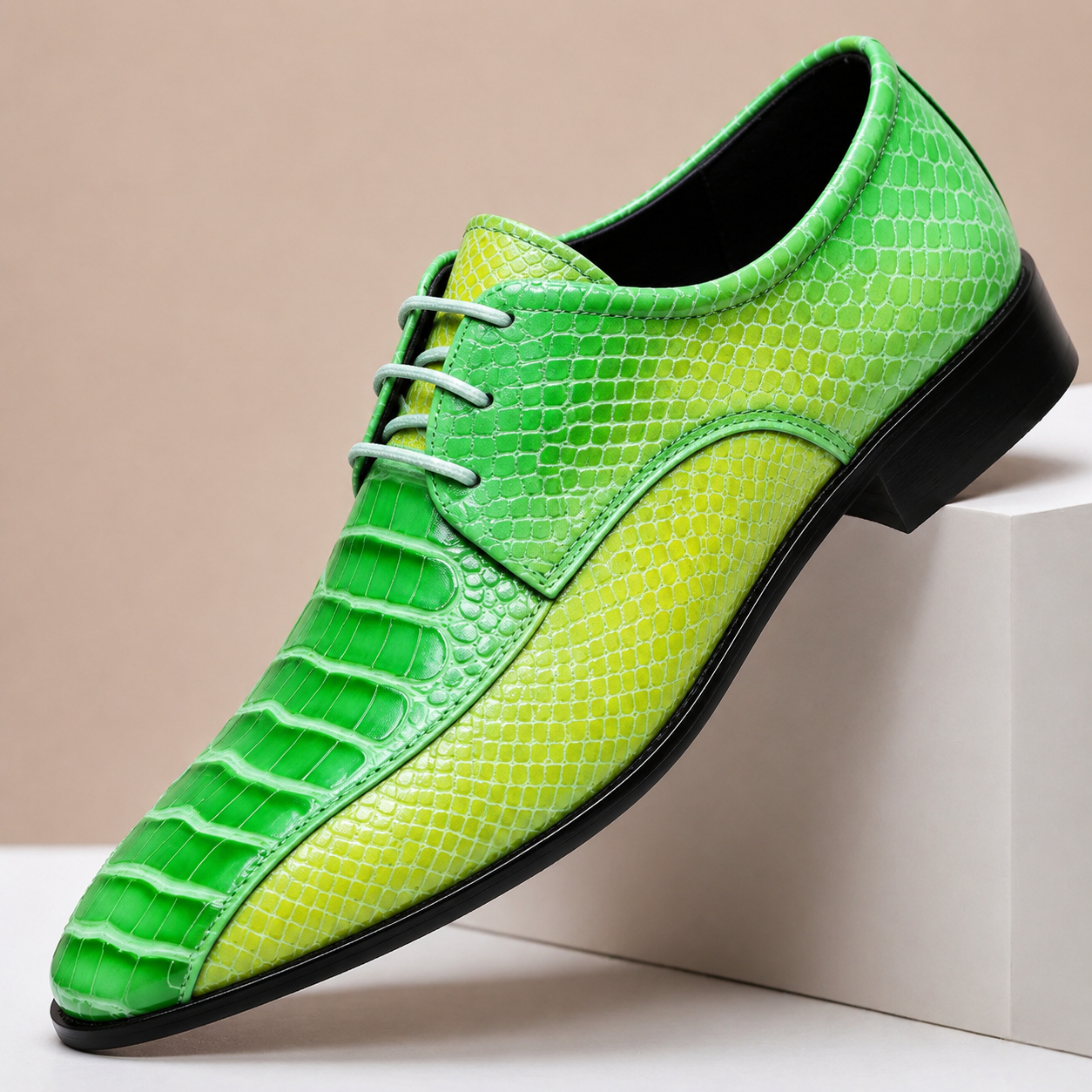 Men's Genuine Leather Textured Dress Shoes in Green – front view | Hensley London