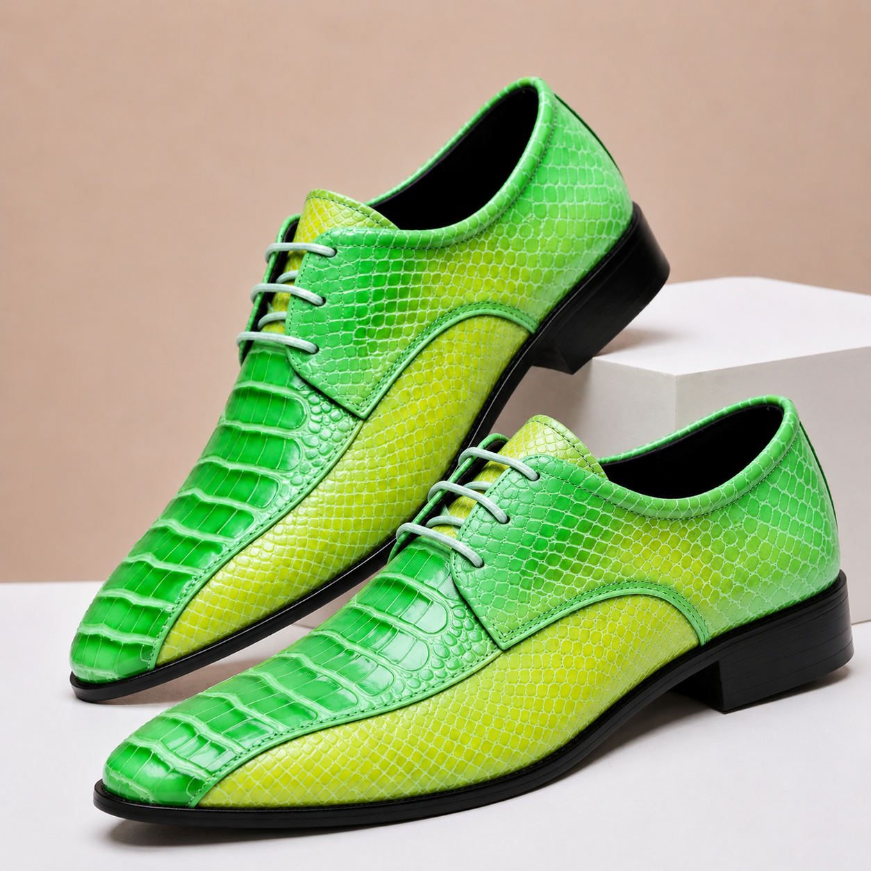Men's Genuine Leather Textured Dress Shoes in Green – side view | Hensley London