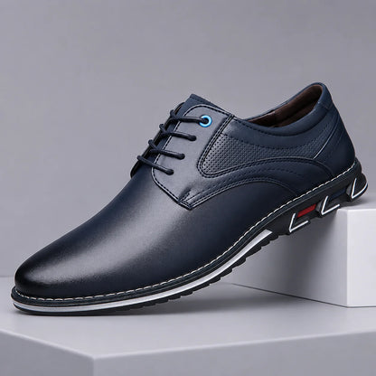Men's Leather Lace-Up Sneakers with Contrast Sole in Blue – product view | Hensley London