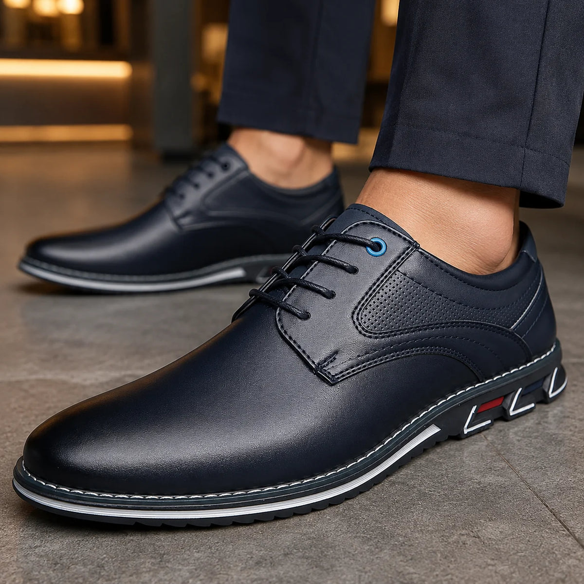Men's Leather Lace-Up Sneakers with Contrast Sole – additional product view | Hensley London