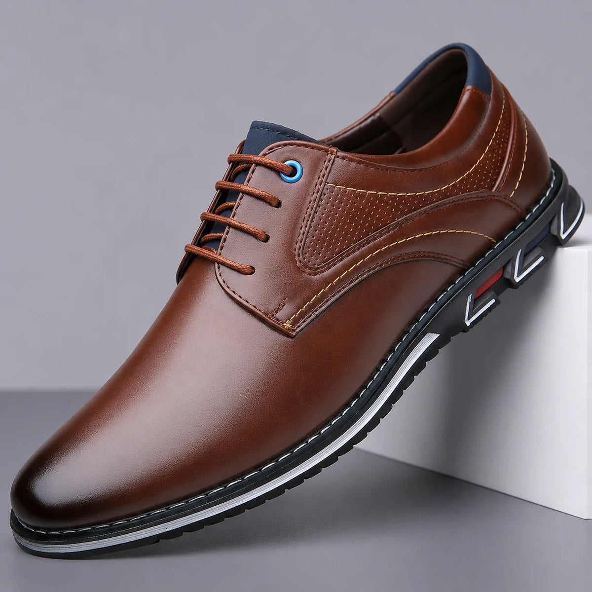 Men's Leather Lace-Up Sneakers with Contrast Sole in Brown – additional product view | Hensley London