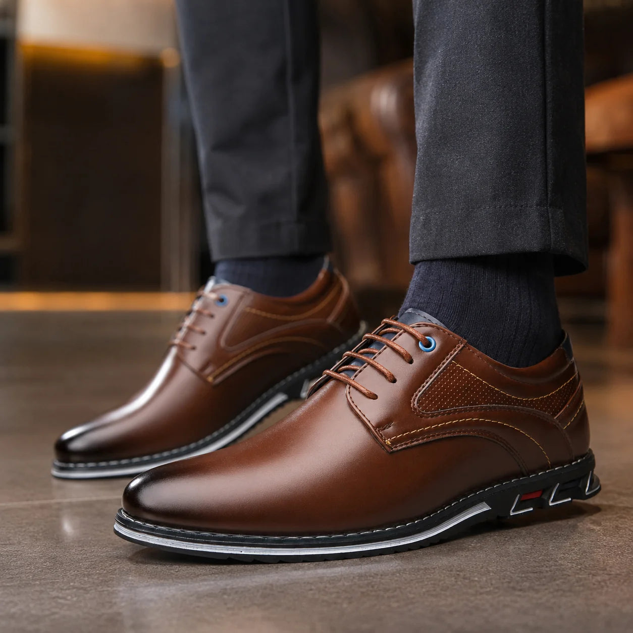 Men's Leather Lace-Up Sneakers with Contrast Sole – additional product view | Hensley London