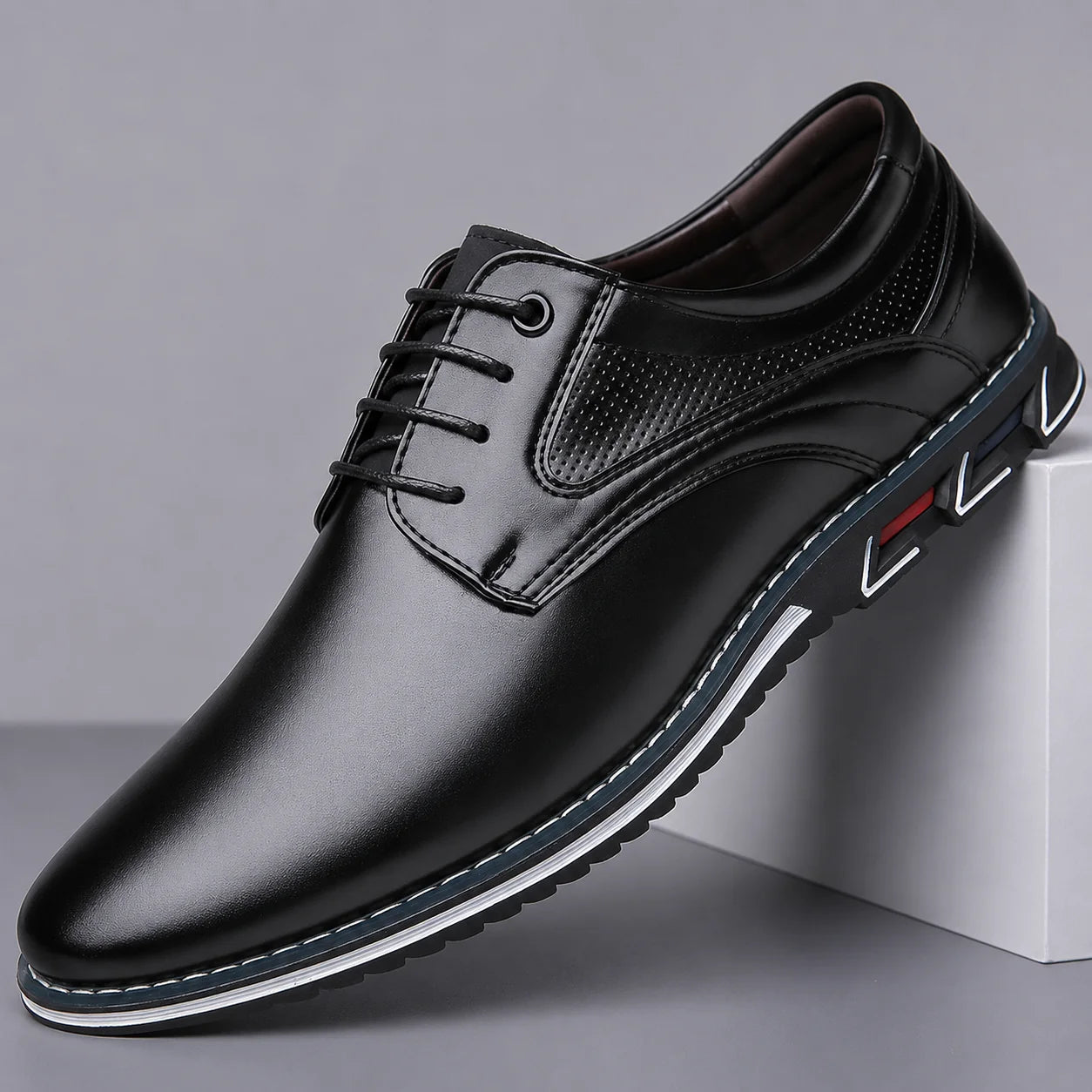 Men's Leather Lace-Up Sneakers with Contrast Sole in Black – additional product view | Hensley London