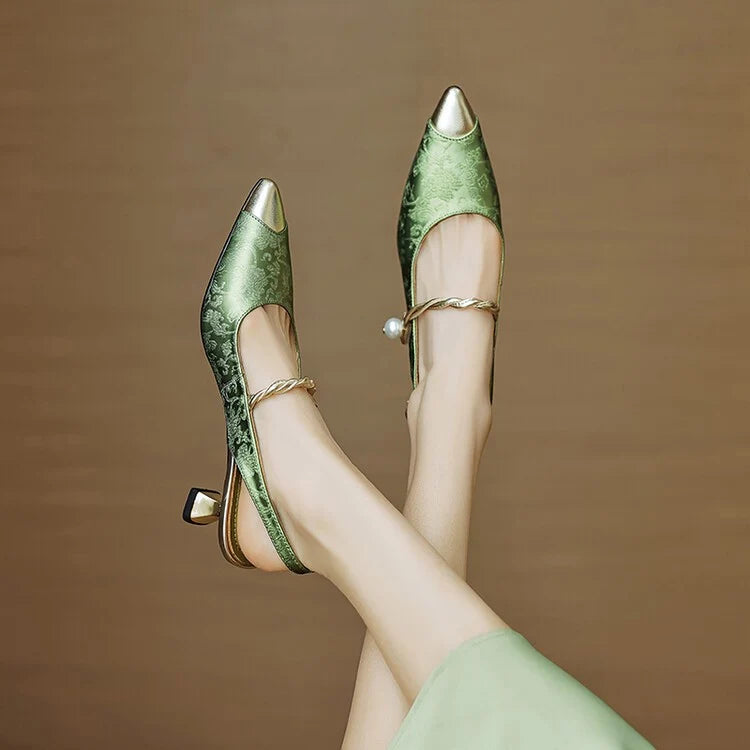 Women's Pearl-Accent Pointed Kitten Heels – product view | Hensley London